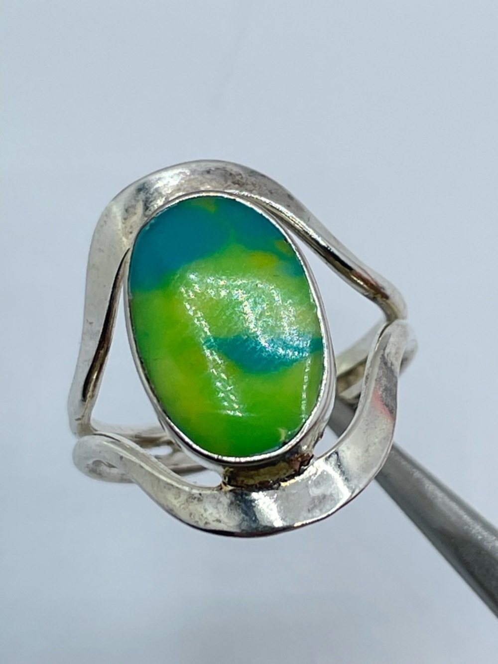 Vintage Taxco Mexico Silver Overlay Green Blue Stone Ring Sz 9 Bold Southwestern - Picture 5 of 9